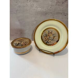 Vtg Art of Chokin 24K Gold Trimmed Porcelain Trinket Box & 6" Decorative Plate